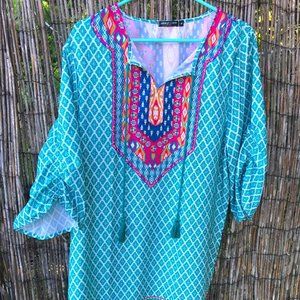 Women Bohemian Neck Tie Vintage Printed Ethnic Style Summer Shift Dress